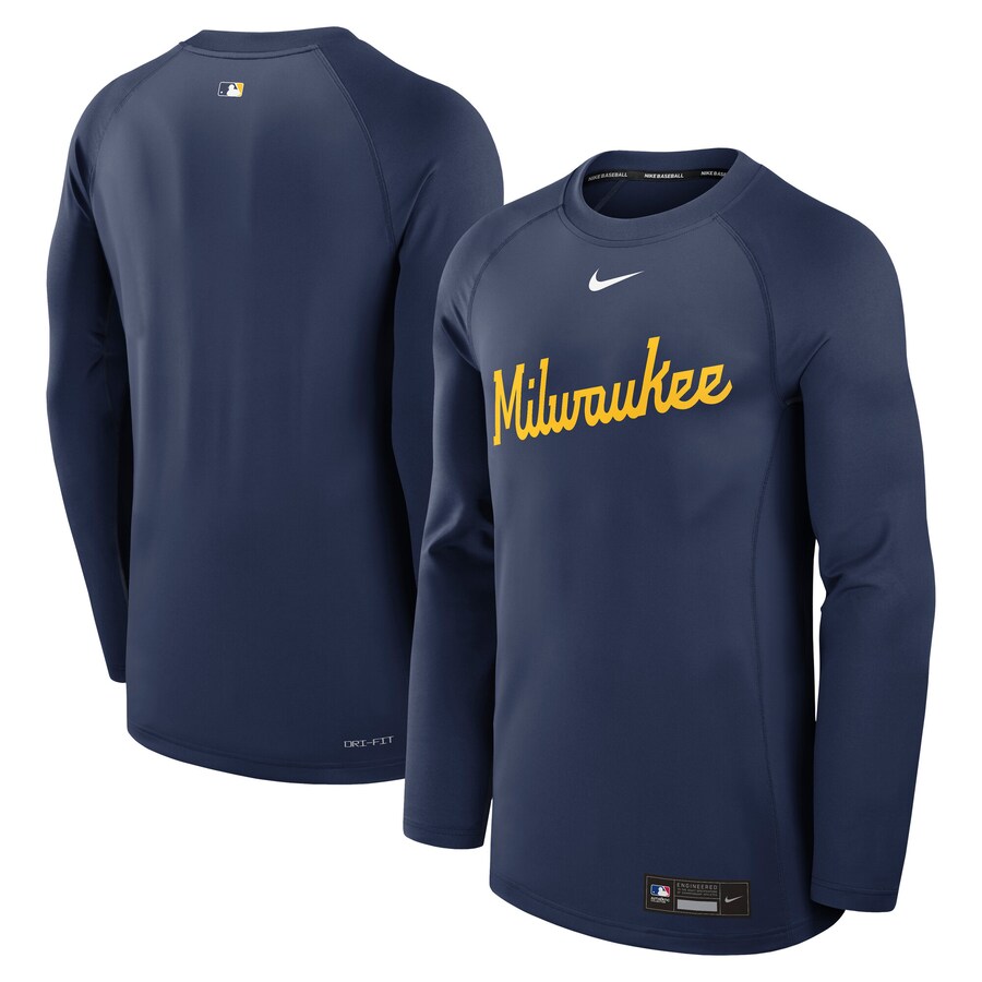 Men's Milwaukee Brewers Nike Navy Authentic Collection Game Time Raglan Performance Long Sleeve T-Shirt - Puhuasuan