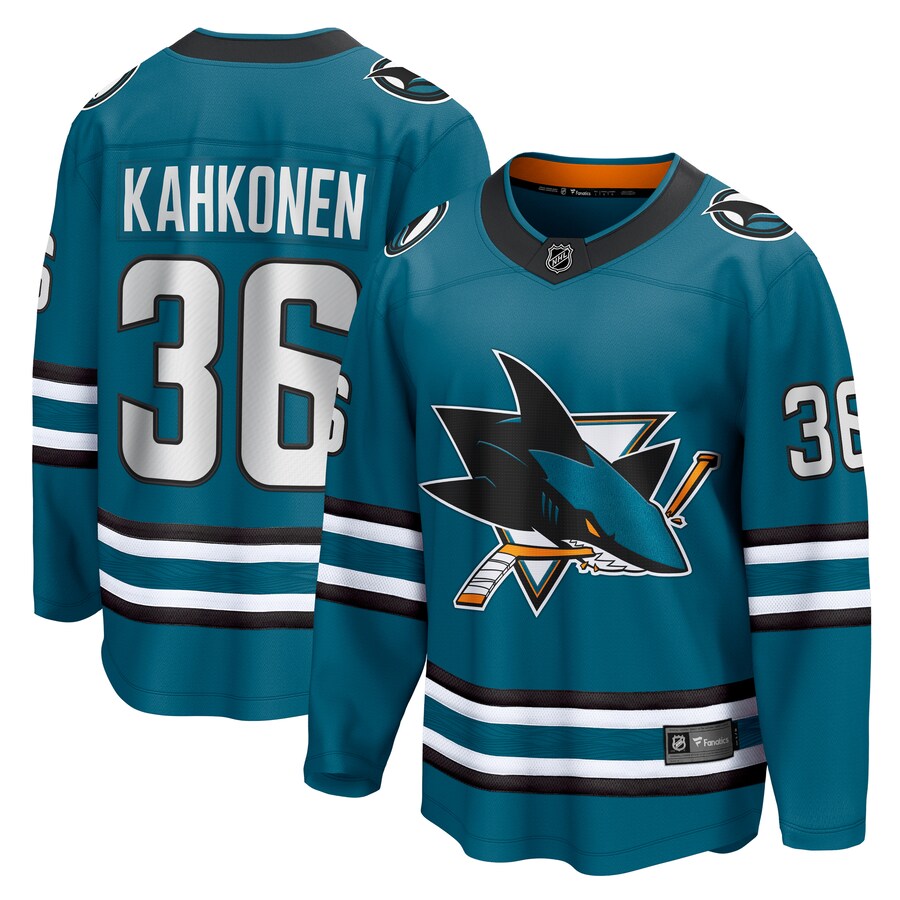 Men's San Jose Sharks Kaapo Kahkonen Fanatics Branded Teal Home Breakaway Jersey - Puhuasuan