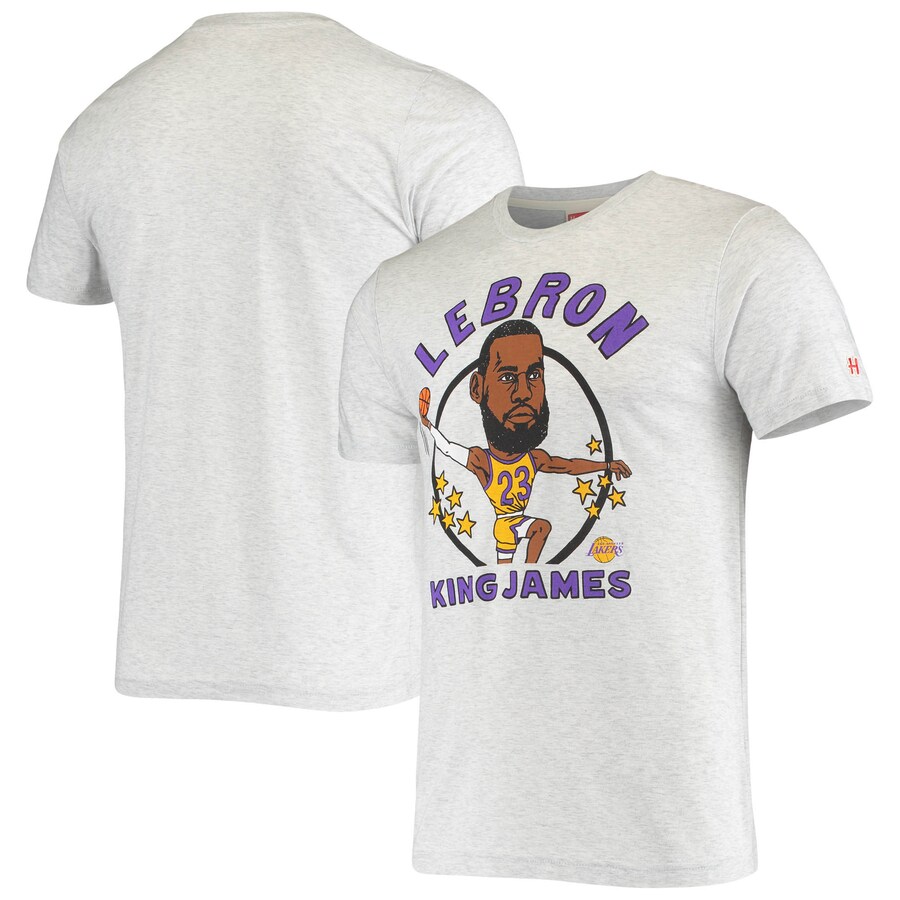 Men's Los Angeles Lakers LeBron James Homage Heathered Ash Caricature Tri-Blend T-Shirt - Puhuasuan