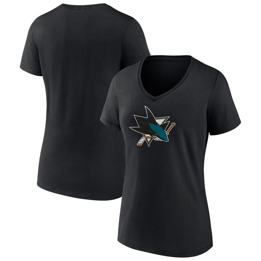 Women's San Jose Sharks Fanatics Black Primary Logo Team V-Neck T-Shirt - Puhuasuan