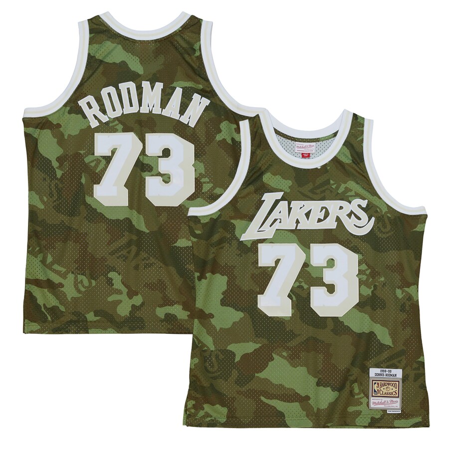 Men's Los Angeles Lakers Dennis Rodman Mitchell & Ness Camo Hardwood Classics 1998/99 Ghost Green Swingman Jersey - Puhuasuan