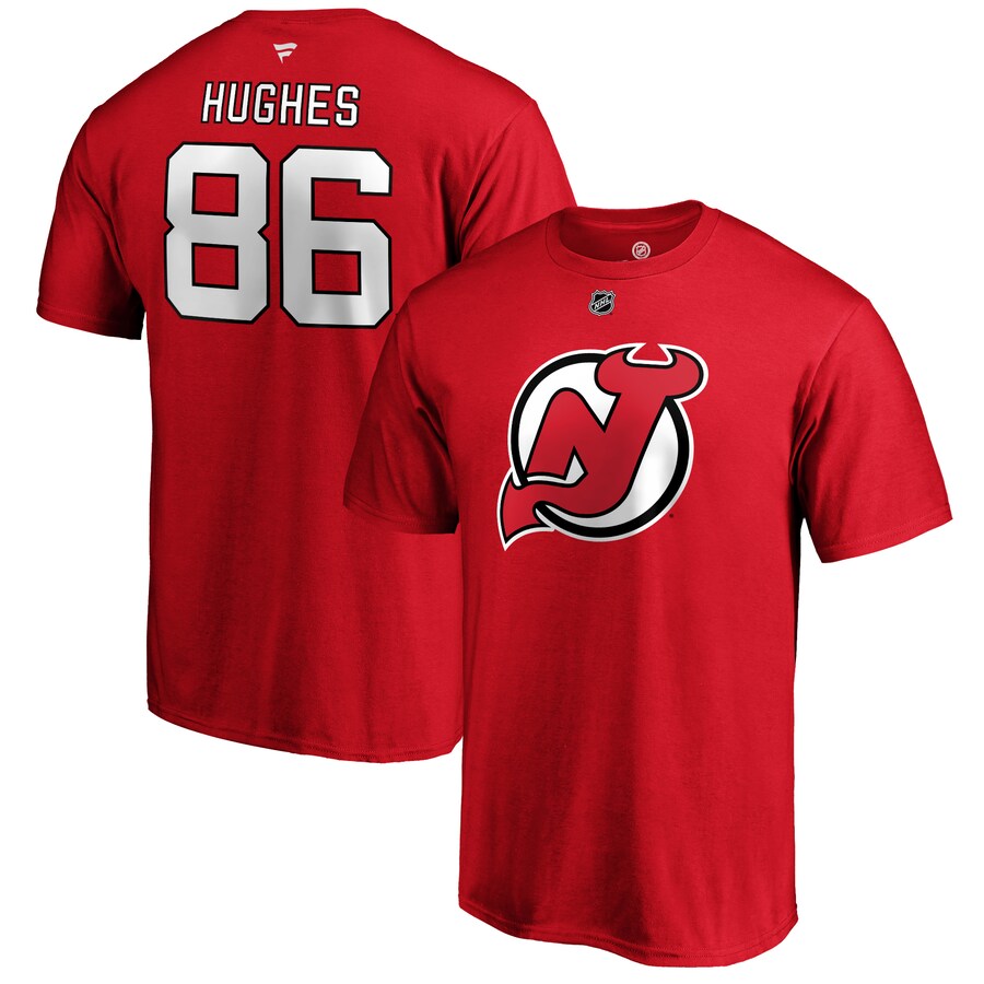 Men's New Jersey Devils Jack Hughes Fanatics Red Authentic Stack Name & Number T-Shirt - Puhuasuan