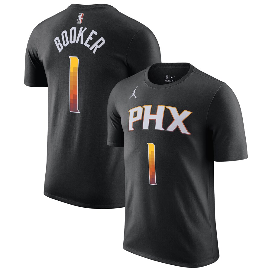 Men's Phoenix Suns Devin Booker Jordan Brand Black 2022/23 Statement Edition Name & Number T-Shirt - Puhuasuan