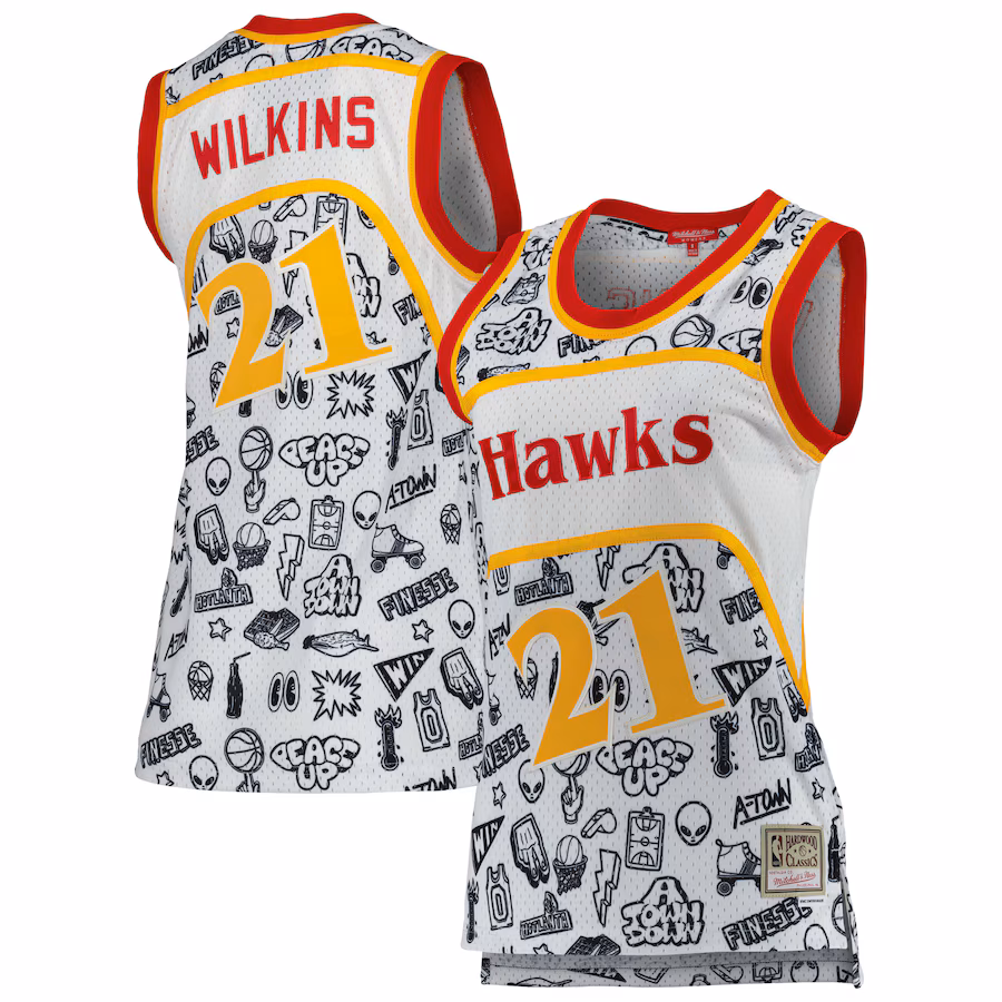Women's Atlanta Hawks Dominique Wilkins Mitchell & Ness White 1986 Doodle Swingman Jersey - Puhuasuan