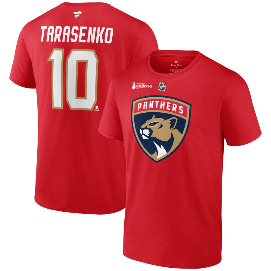 Men's Florida Panthers Vladimir Tarasenko Fanatics Red 2024 Stanley Cup Champions Authentic Stack Name & Number T-Shirt - Puhuasuan