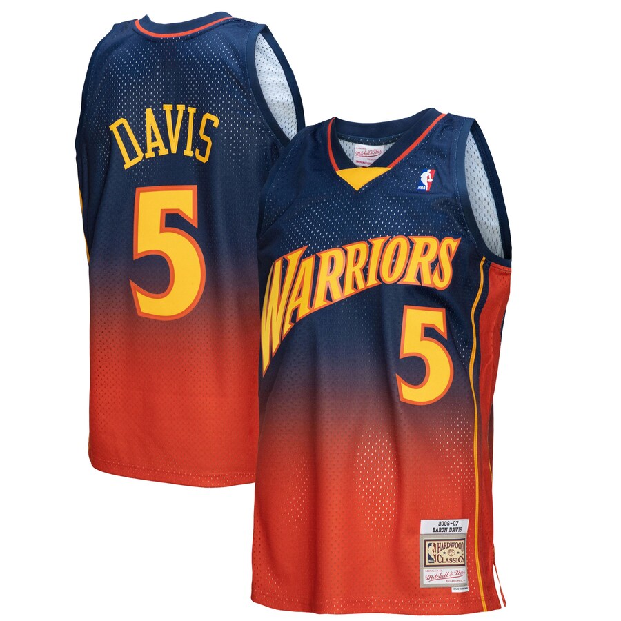 Men's Golden State Warriors Baron Davis Mitchell & Ness Navy/Orange 2006/07 Hardwood Classics Fadeaway Swingman Player Jersey - Puhuasuan