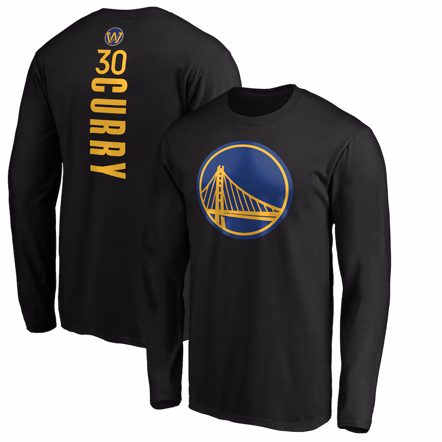 Men's Golden State Warriors Stephen Curry Black Playmaker Name & Number Long Sleeve T-Shirt - Puhuasuan