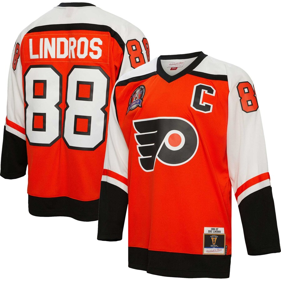 Men's Philadelphia Flyers Eric Lindros Mitchell & Ness Orange 1996/97 Captain Patch Blue Line Player Jersey - Puhuasuan