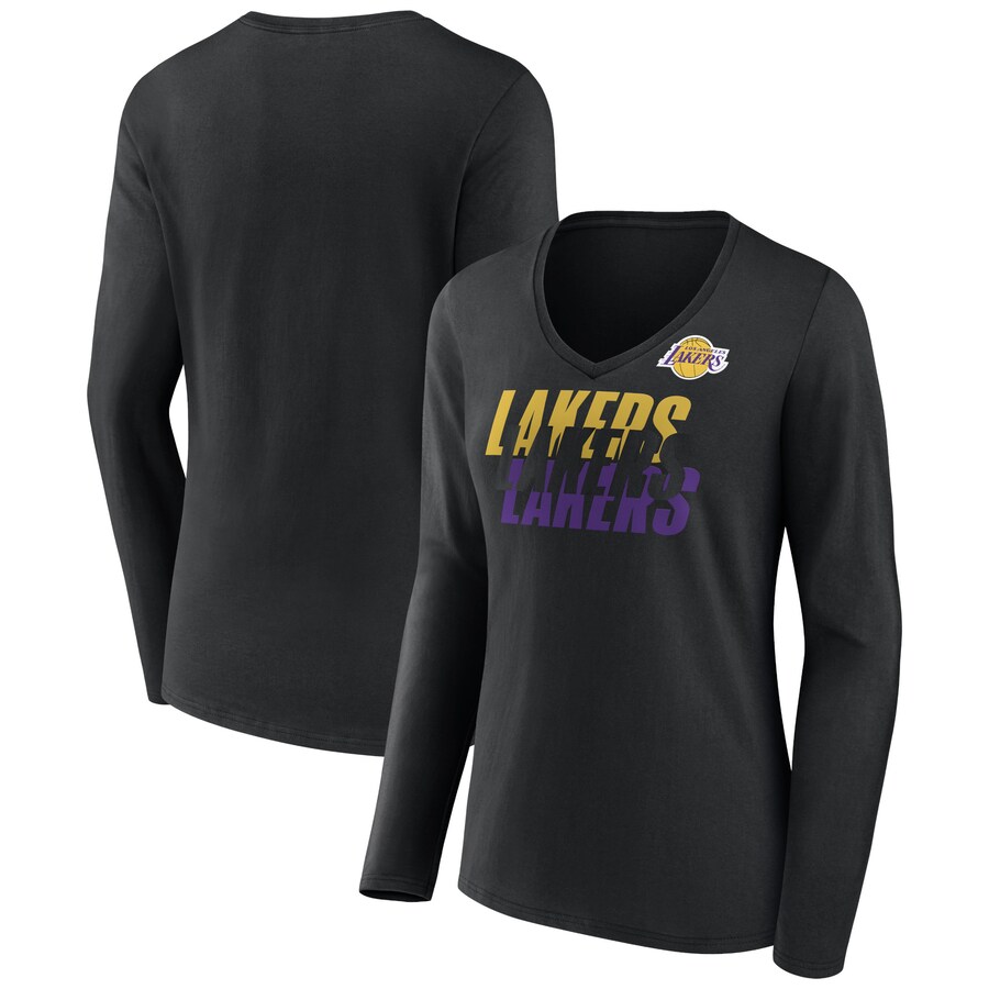 Women's Los Angeles Lakers Black Tumble V-Neck Long Sleeve T-Shirt - Puhuasuan