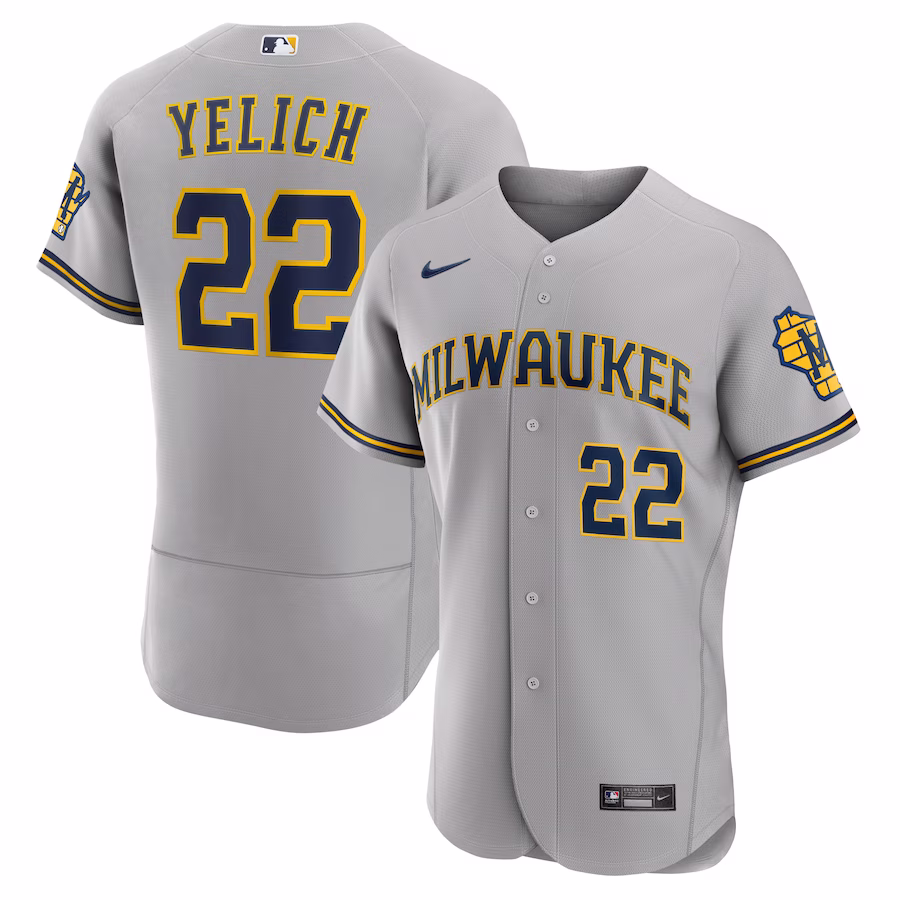 Men's Milwaukee Brewers Christian Yelich Nike Gray Road Authentic Player Logo Jersey - Puhuasuan