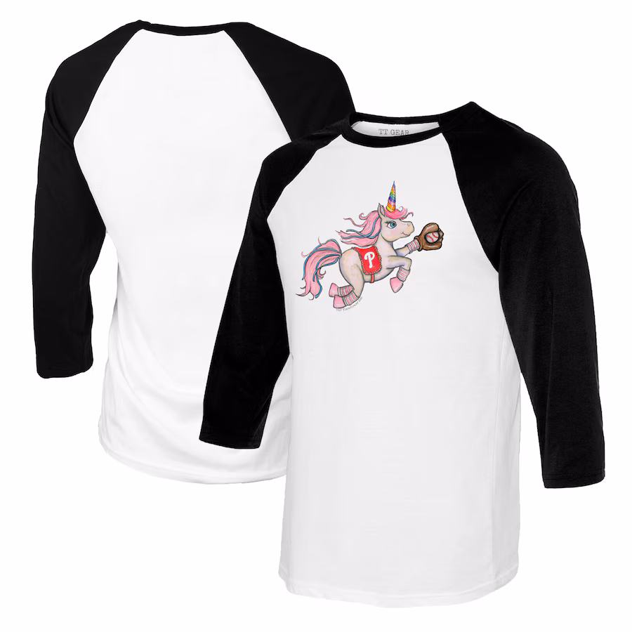 Youth Philadelphia Phillies Tiny Turnip White/Black Unicorn Raglan 3/4 Sleeve T-Shirt - Puhuasuan