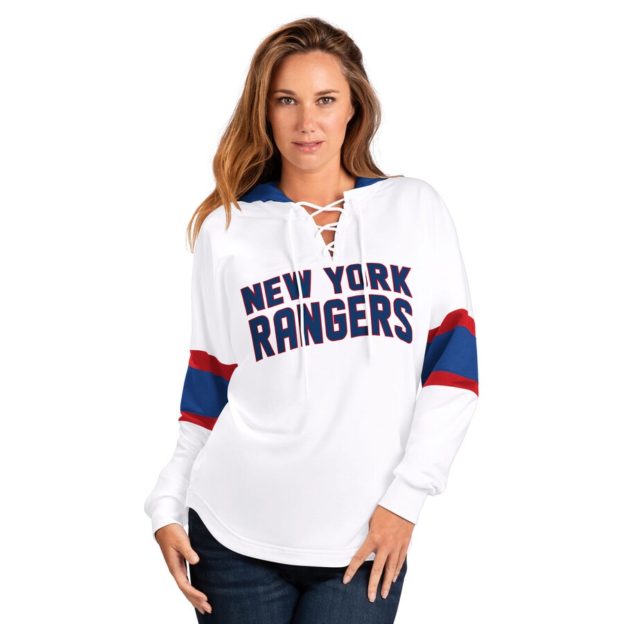 Women's New York Rangers G-III 4Her by Carl Banks White/Blue Goal Zone Long Sleeve Lace-Up Hoodie T-Shirt - Puhuasuan