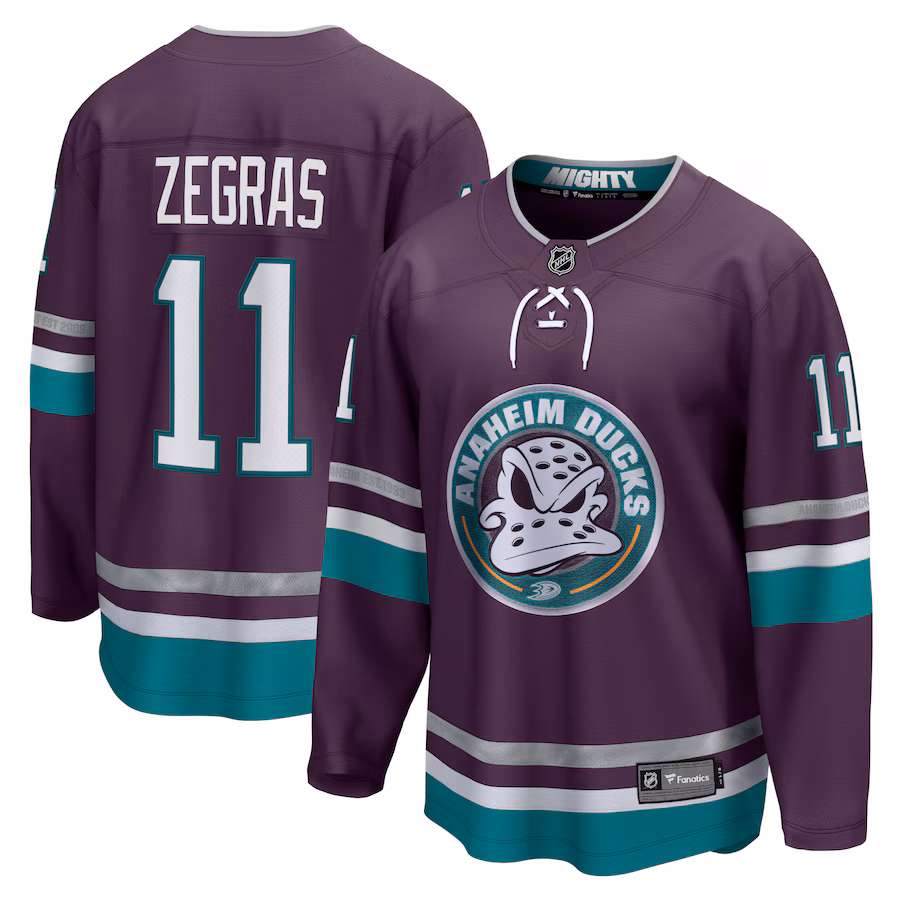 Men's Anaheim Ducks Trevor Zegras Fanatics Purple 30th Anniversary Premier Breakaway Jersey - Puhuasuan