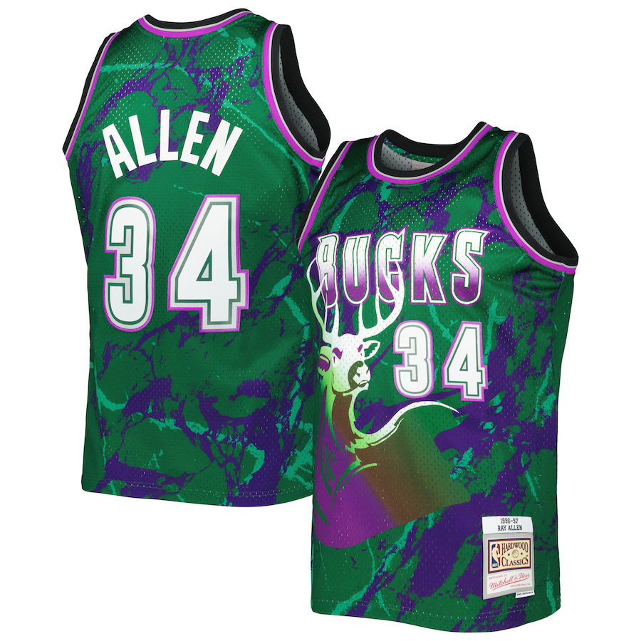 Men's Milwaukee Bucks Ray Allen Mitchell & Ness Green 1996/97 Hardwood Classics Marble Swingman Jersey - Puhuasuan