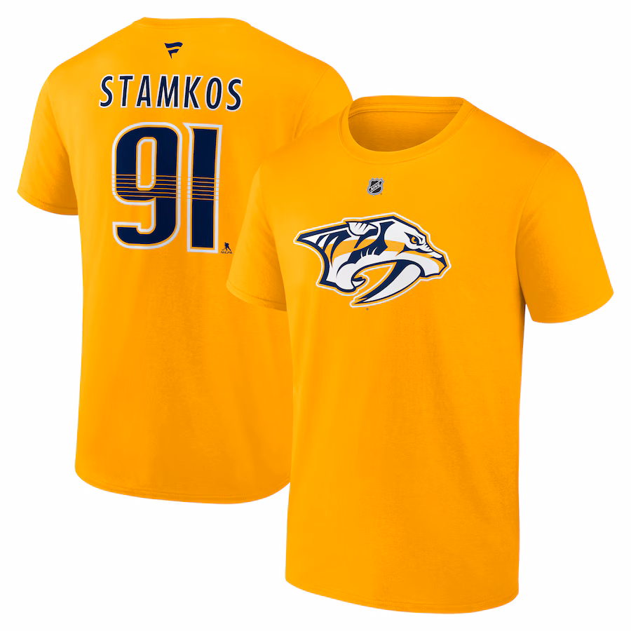 Men's Nashville Predators Steven Stamkos Fanatics Gold Authentic Stack Name & Number T-Shirt - Puhuasuan