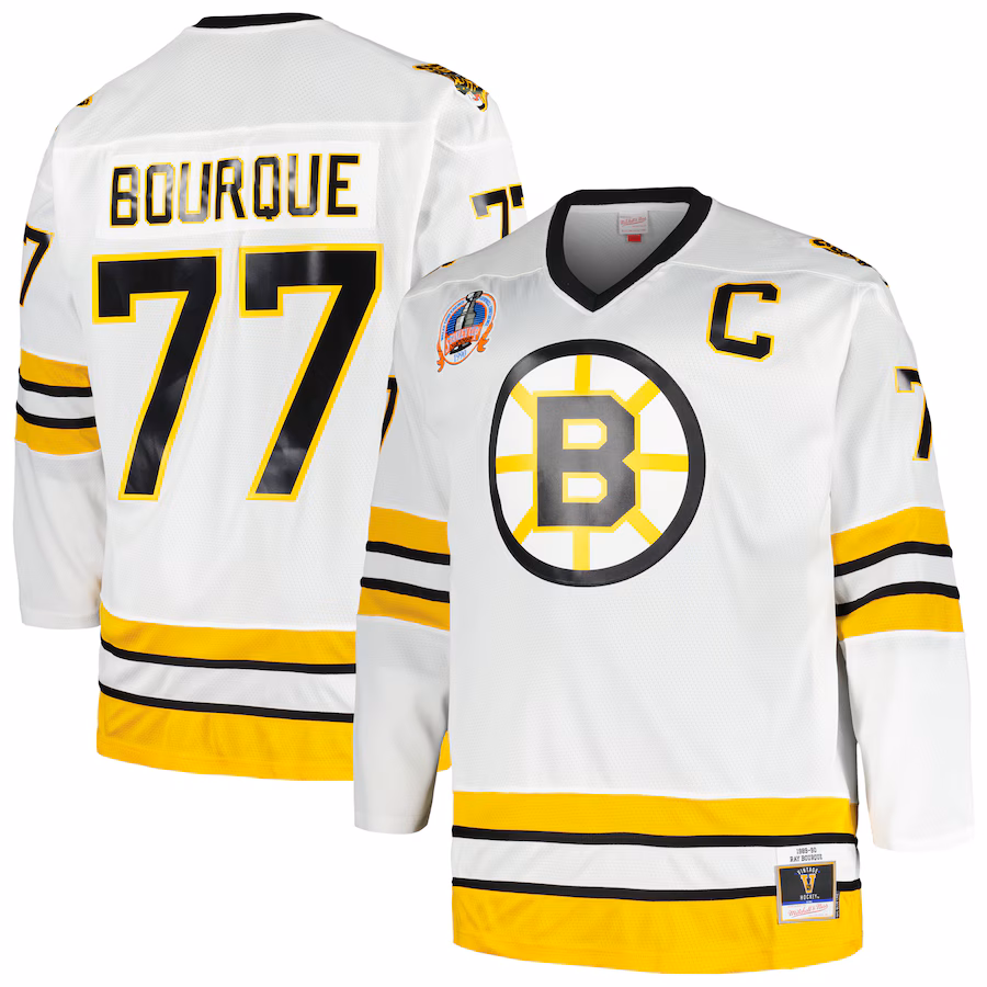 Men's Boston Bruins Ray Bourque Mitchell & Ness White Big & Tall Captain Patch Blue Line Player Jersey - Puhuasuan