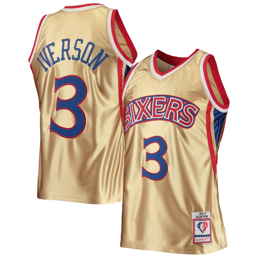 Men's Philadelphia 76ers Allen Iverson Gold Mitchell & Ness 75th Anniversary 1996/97 Hardwood Classics Swingman Jersey - Puhuasuan