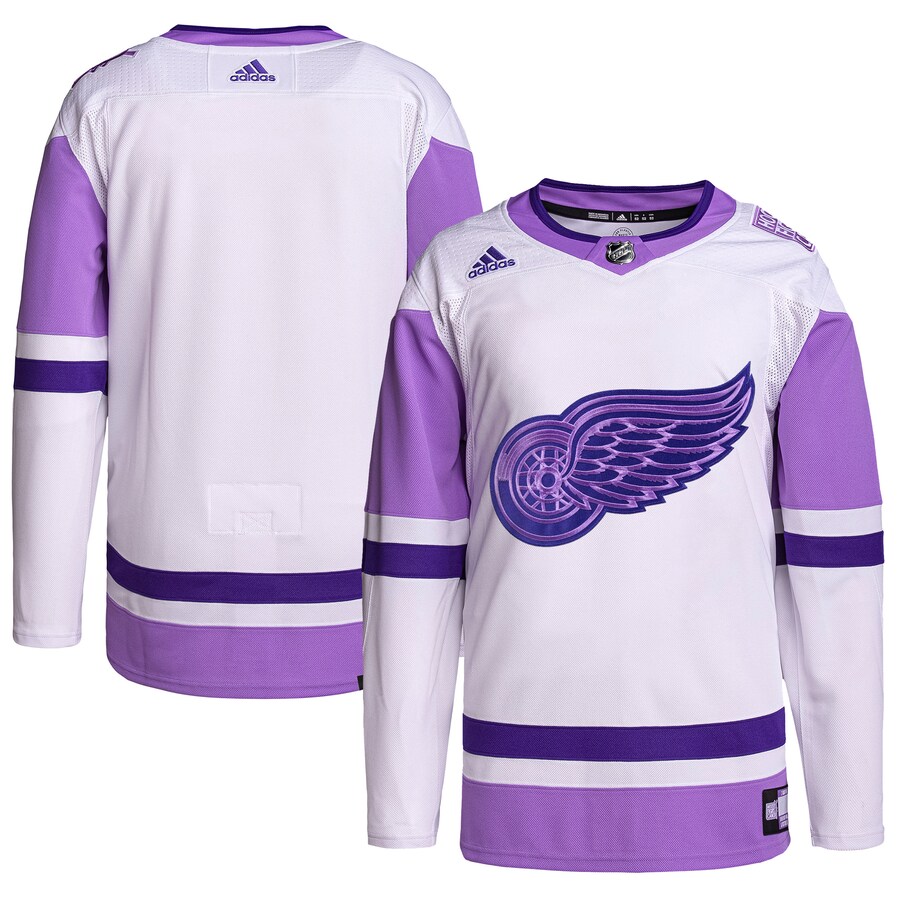 Men's Detroit Red Wings adidas White/Purple Hockey Fights Cancer Primegreen Authentic Blank Practice Jersey - Puhuasuan