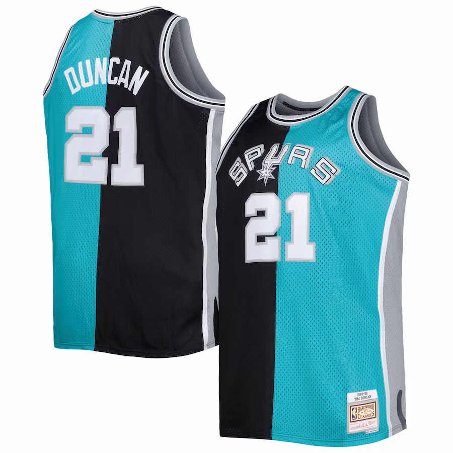 Men's San Antonio Spurs Mitchell & Ness Black/Teal Big & Tall Hardwood Classics 1998/99 Split Swingman Jersey - Puhuasuan