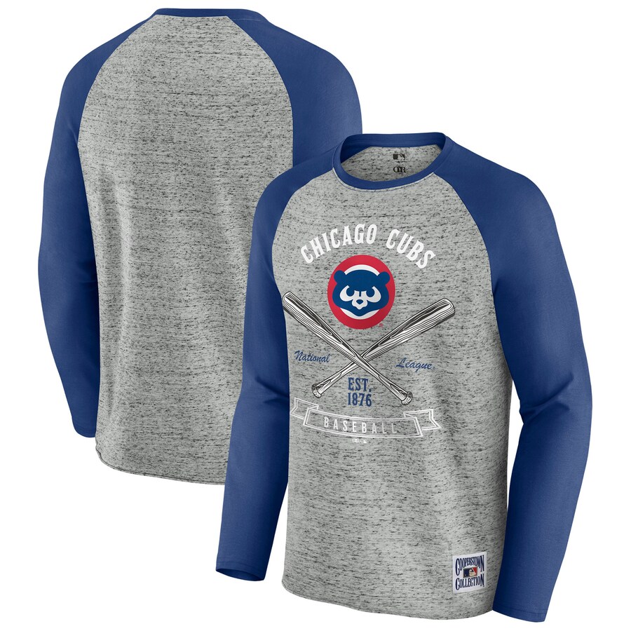Men's Chicago Cubs Darius Rucker Collection by Fanatics Heather Gray Raw Edge Raglan Long Sleeve Baseball T-Shirt - Puhuasuan