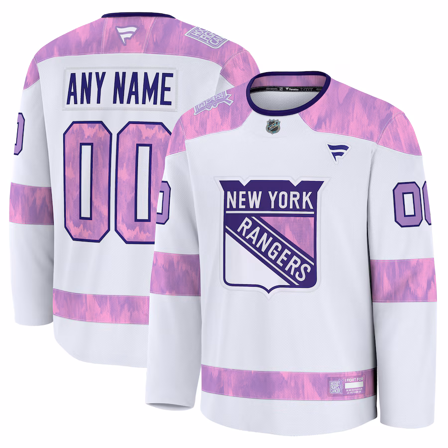 Men's New York Rangers Fanatics White 2024 Hockey Fights Cancer Custom Practice Jersey - Puhuasuan