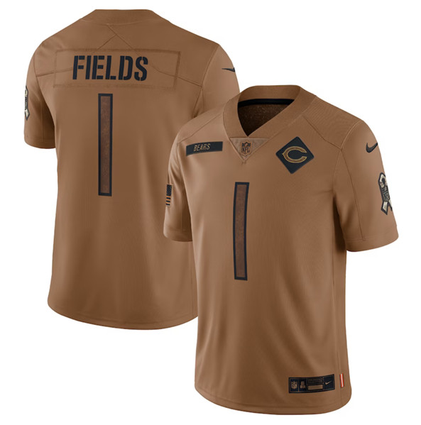 Men's Chicago Bears #1 Justin Fields 2023 Brown Salute To Service Limited Football Stitched Jersey - Puhuasuan