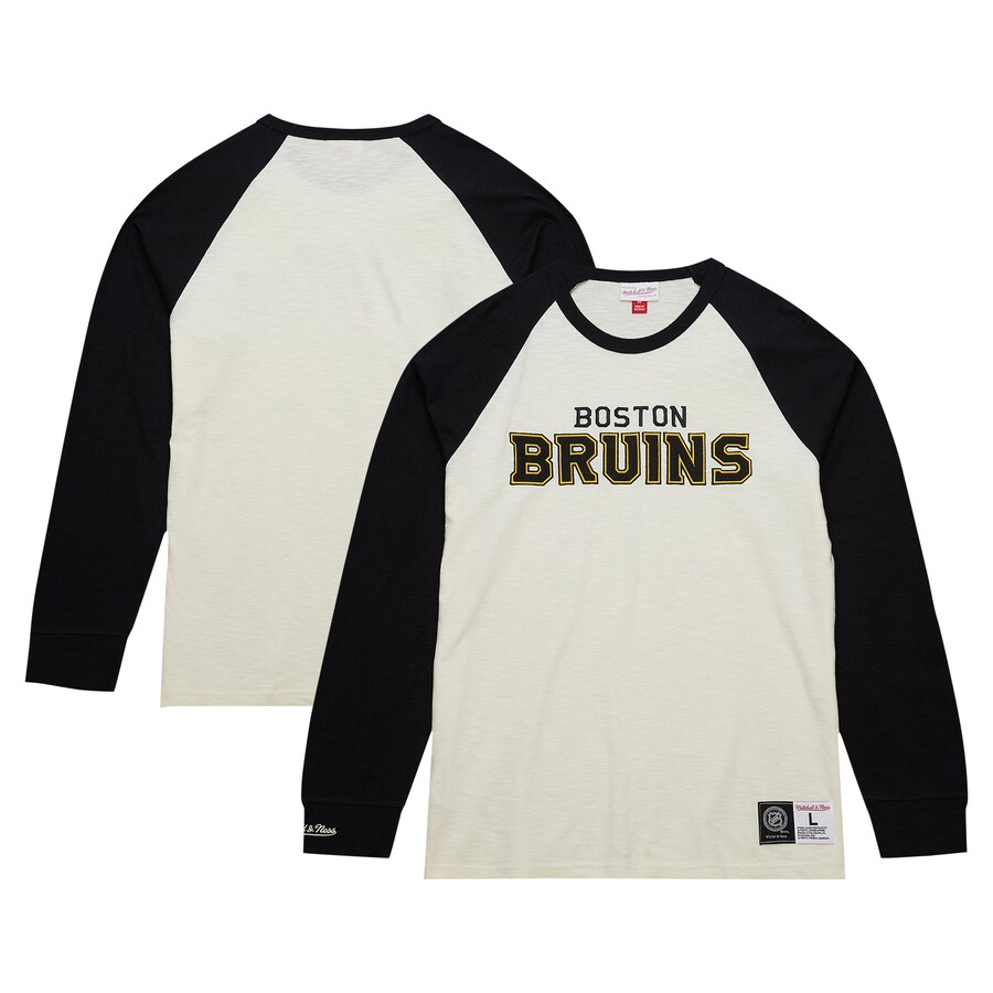 Men's Boston Bruins Mitchell & Ness Cream Legendary Slub Vintage Raglan Long Sleeve T-Shirt - Puhuasuan