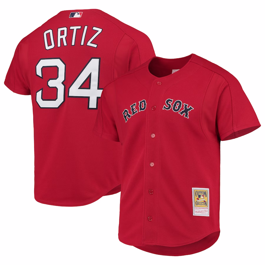 Men's Boston Red Sox David Ortiz Mitchell & Ness Red Cooperstown Collection Mesh Batting Practice Button-Up Jersey - Puhuasuan