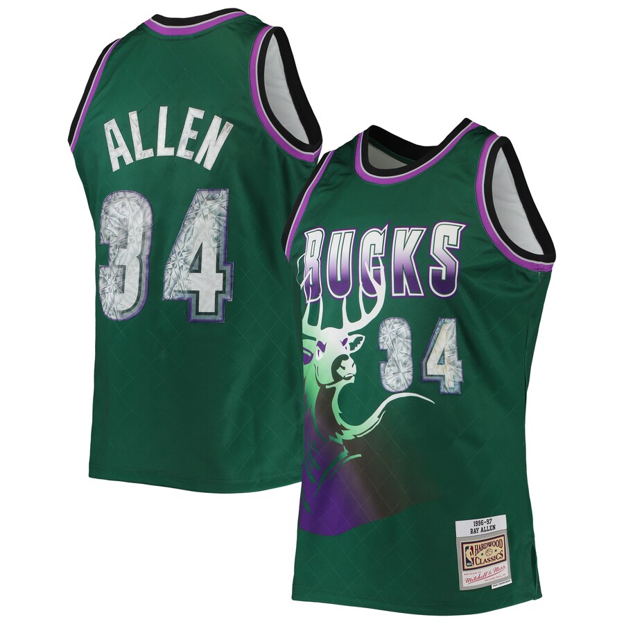 Men's Milwaukee Bucks Ray Allen Mitchell & Ness Green 1996/97 Hardwood Classics NBA 75th Anniversary Diamond Swingman Jersey - Puhuasuan