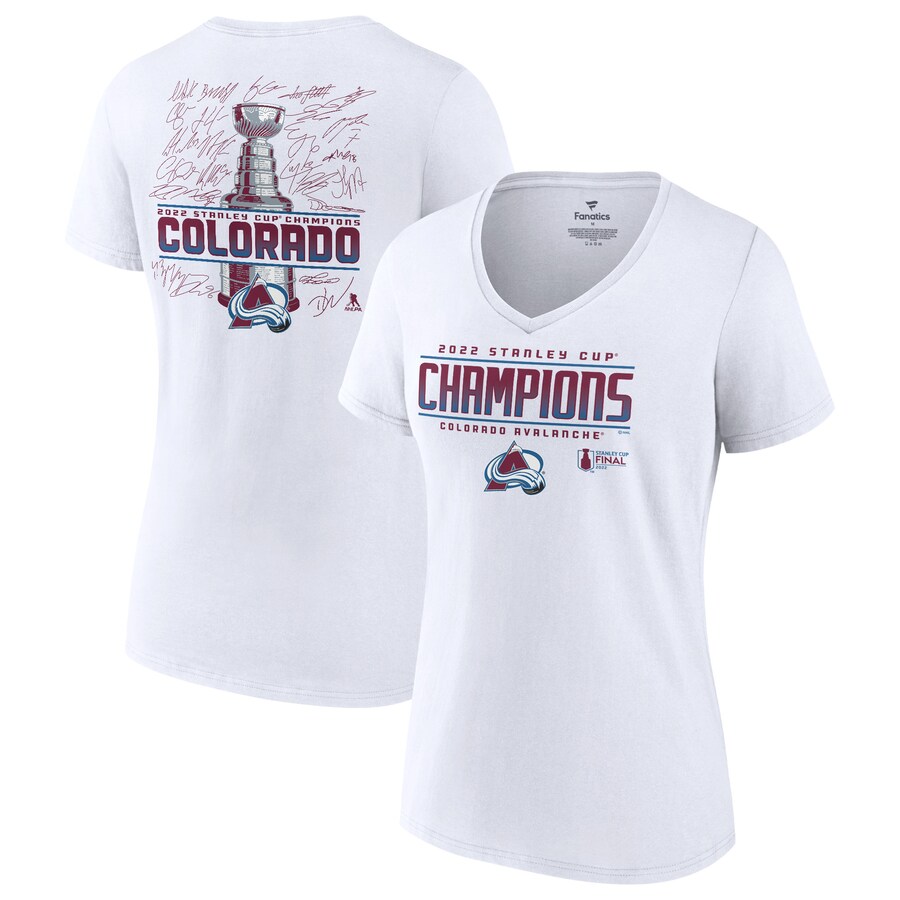 Women's Colorado Avalanche Fanatics White 2022 Stanley Cup Champions Signature Roster V-Neck T-Shirt - Puhuasuan