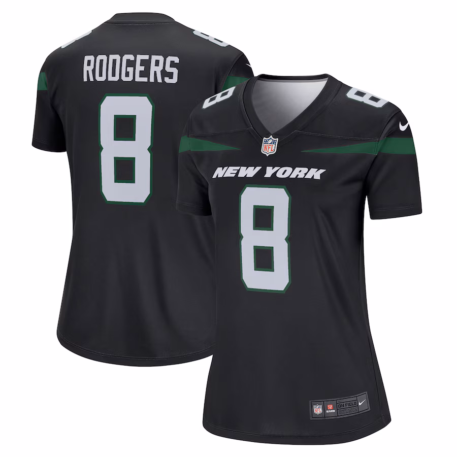 Women's New York Jets Aaron Rodgers Nike Stealth Black Alternate Legend Player Performance Top - Puhuasuan