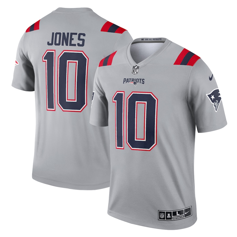 Men's New England Patriots Mac Jones Nike Gray Inverted Legend Player Performance Top - Puhuasuan