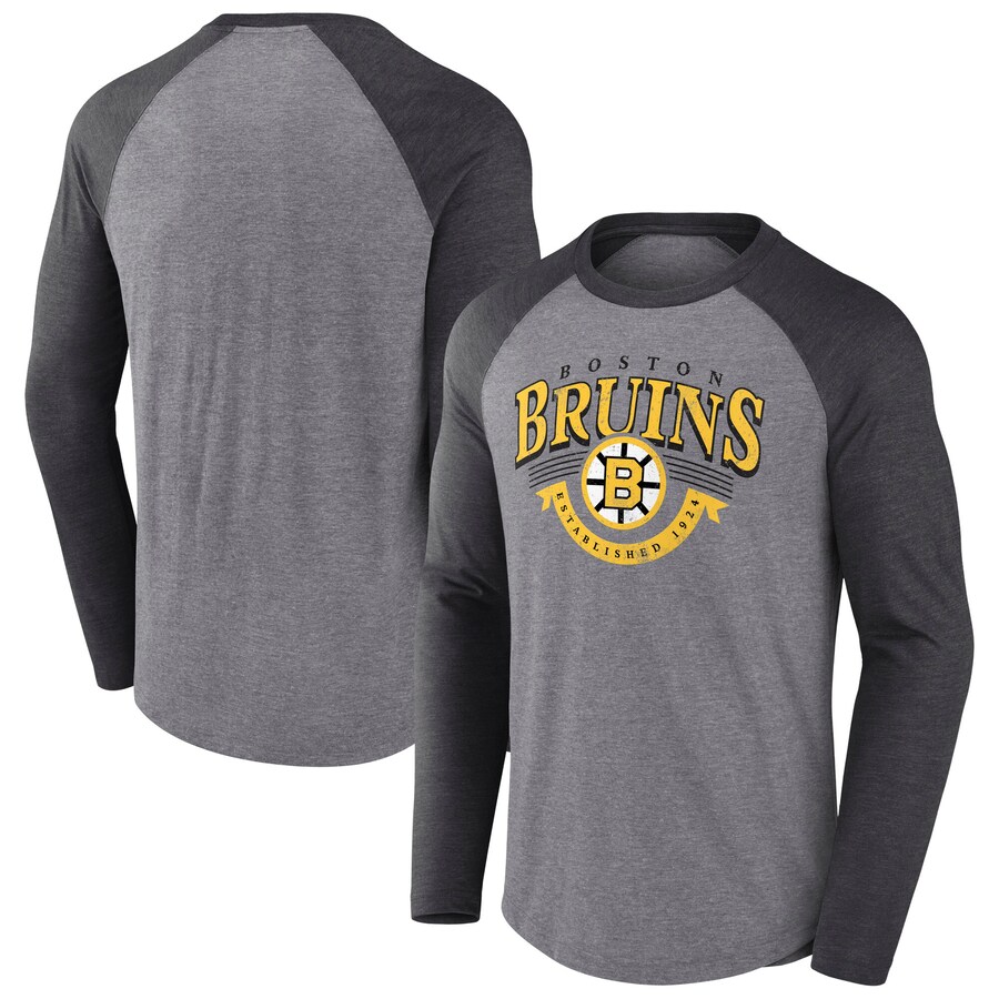 Men's Boston Bruins Fanatics Heather Gray/Heather Charcoal Goal Crease Raglan Tri-Blend Long Sleeve T-Shirt - Puhuasuan