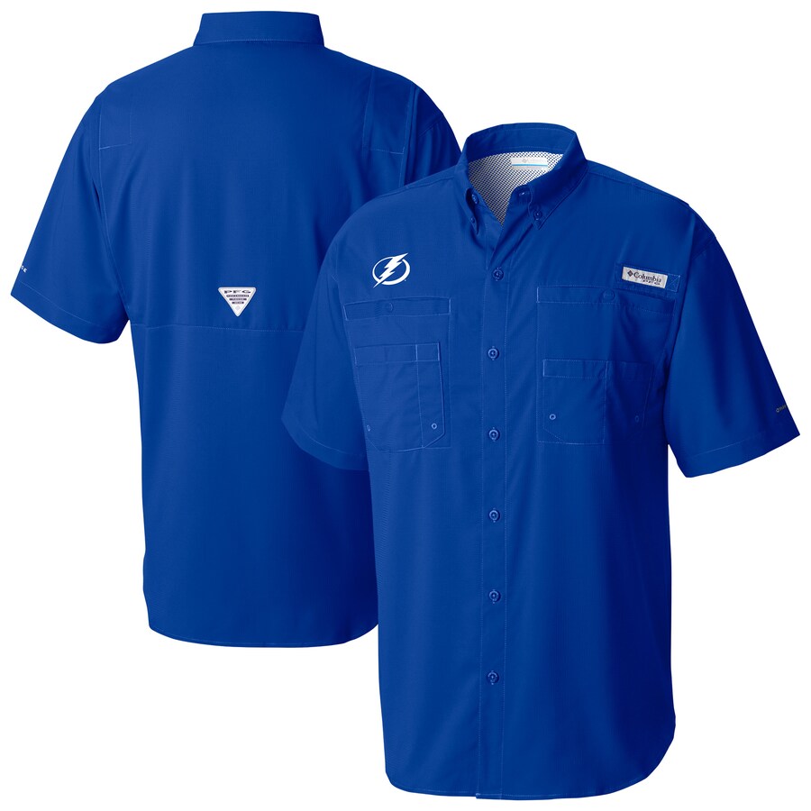 Men's Tampa Bay Lightning Columbia Blue Tamiami Short Sleeve Omni-Wick Button-Down Shirt - Puhuasuan