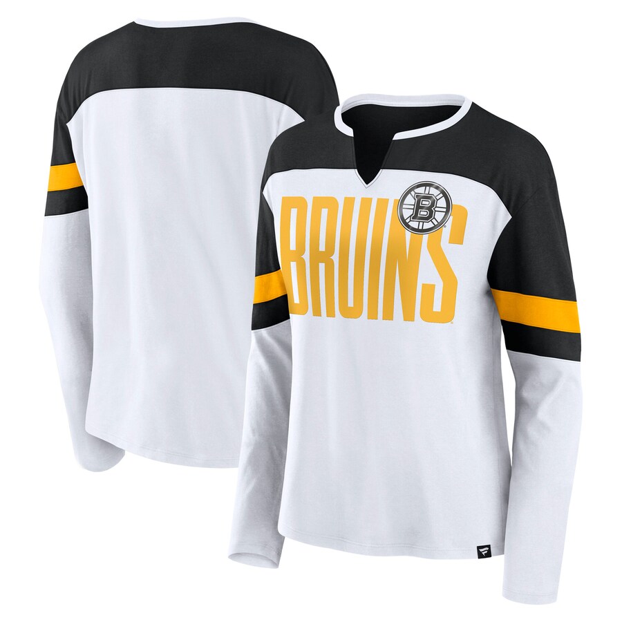 Women's Boston Bruins Fanatics White/Black Frozen Long Sleeve Notch Neck T-Shirt - Puhuasuan