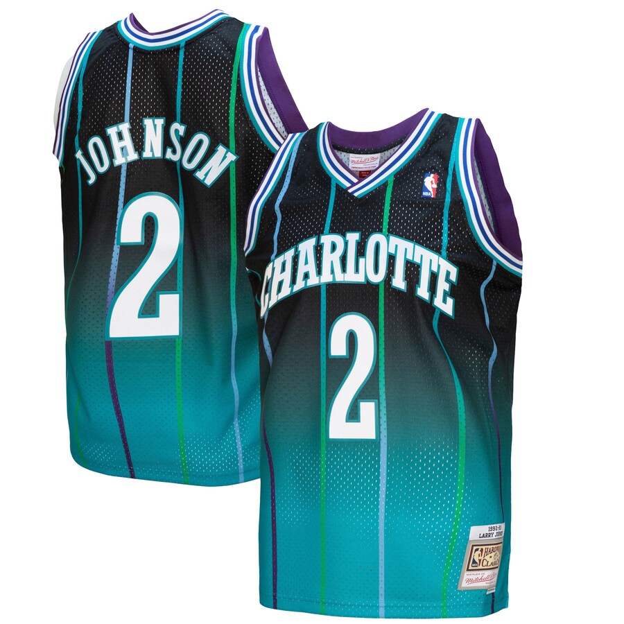 Men's Charlotte Hornets Larry Johnson Mitchell & Ness Teal/Black 1992/93 Hardwood Classics Fadeaway Swingman Player Jersey - Puhuasuan