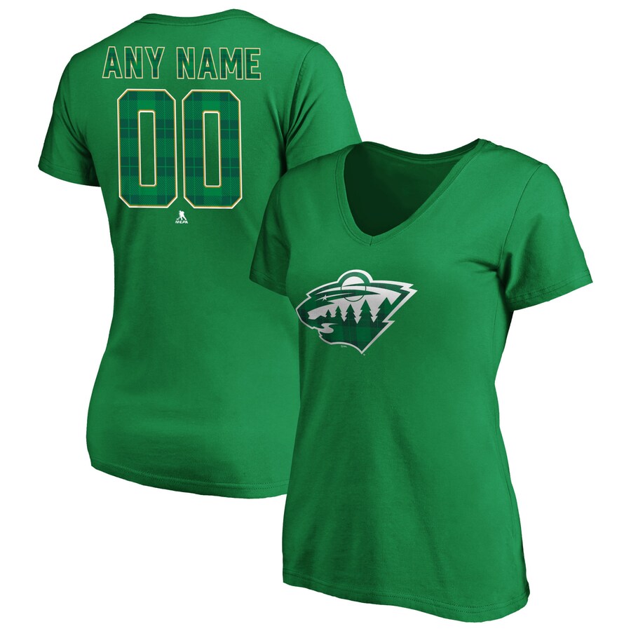Women's Minnesota Wild Green Emerald Plaid Personalized Name & Number V-Neck T-Shirt - Puhuasuan