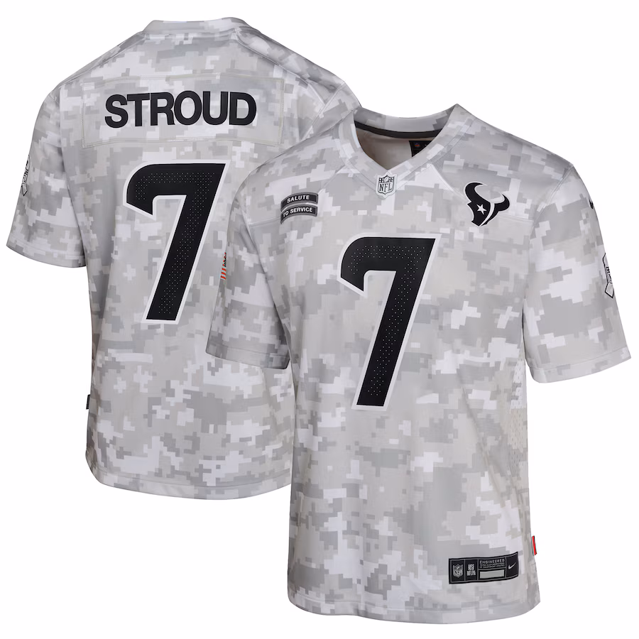 Youth Houston Texans C.J. Stroud Nike Arctic Camo 2024 Salute to Service Game Jersey - Puhuasuan