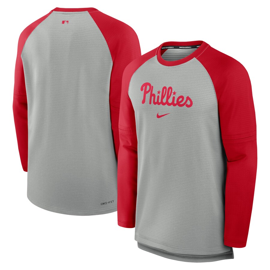 Men's Philadelphia Phillies Nike Heather Gray/Red Authentic Collection Game Time Raglan Performance Long Sleeve T-Shirt - Puhuasuan