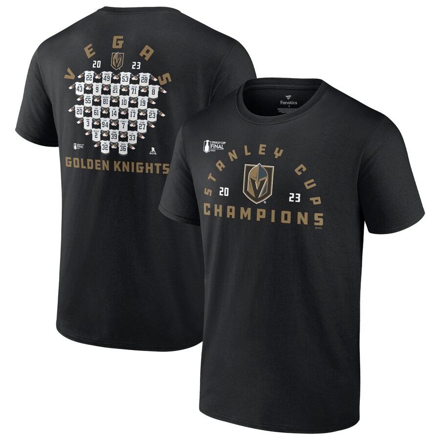 Men's Vegas Golden Knights Fanatics Black 2023 Stanley Cup Champions Jersey Roster T-Shirt - Puhuasuan