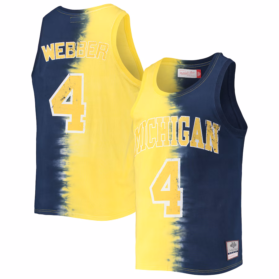 Men's Mitchell & Ness Chris Webber Maize/Navy Michigan Wolverines Name & Number Tie-Dye Tank Top - Puhuasuan