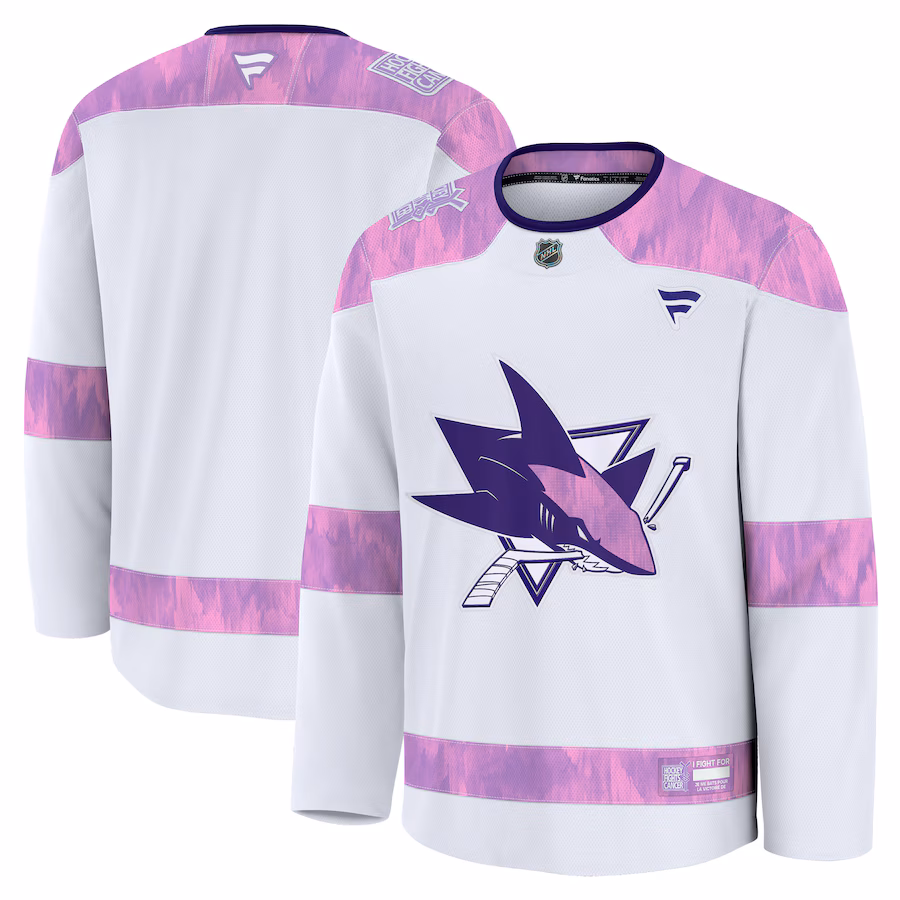 Men's San Jose Sharks Fanatics White 2024 Hockey Fights Cancer Practice Jersey - Puhuasuan
