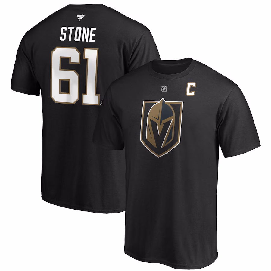 Men's Vegas Golden Knights Mark Stone Fanatics Black Authentic Stack Player Name & Number Captain Patch T-Shirt - Puhuasuan