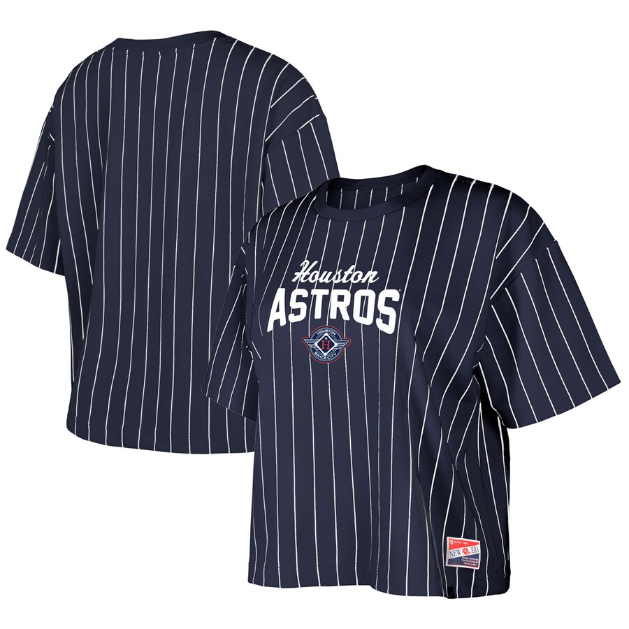 Women's Houston Astros New Era Navy 2025 City Connect Boxy Pinstripe T-Shirt - Puhuasuan