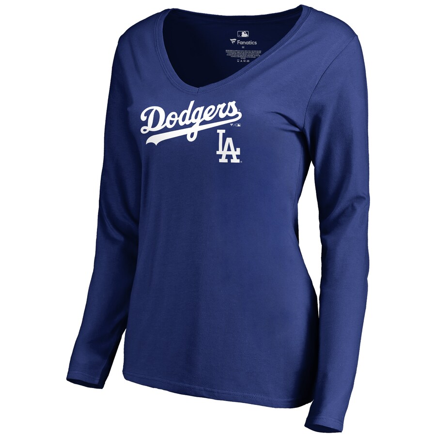 Women's Los Angeles Dodgers Royal Team Lockup Slim Fit Long Sleeve V-Neck T-Shirt - Puhuasuan