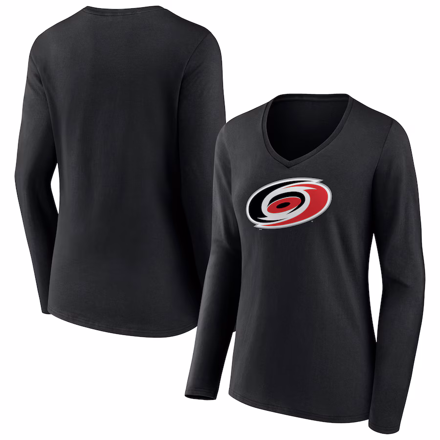 Women's Carolina Hurricanes Black Primary Team Logo Long Sleeve V-Neck T-Shirt - Puhuasuan