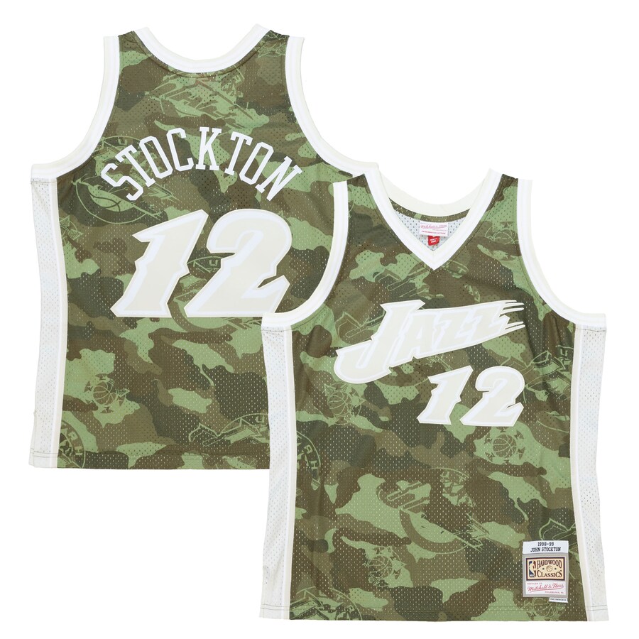 Men's Utah Jazz John Stockton Mitchell & Ness Camo Hardwood Classics 1998/99 Ghost Green Swingman Jersey - Puhuasuan