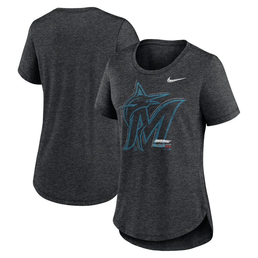 Women's Miami Marlins Nike Heather Black Touch Tri-Blend T-Shirt - Puhuasuan