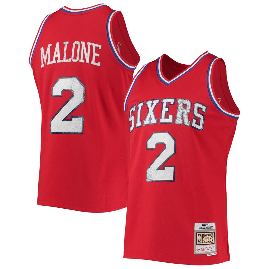 Men's Philadelphia 76ers Moses Malone Mitchell & Ness Red 1982/83 Hardwood Classics NBA 75th Anniversary Diamond Swingman Jersey - Puhuasuan