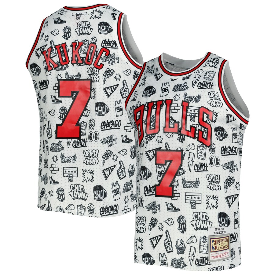 Men's Chicago Bulls Toni Kukoc Mitchell & Ness White 1997/98 Hardwood Classics Doodle Swingman Jersey - Puhuasuan